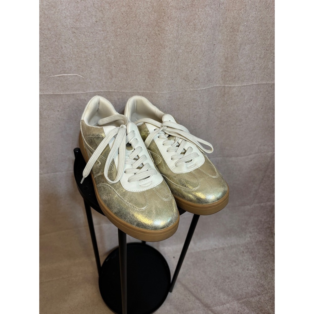 Voyage Womens 8 Metallic Gold‎ Crackle Low Top Sneakers Gum Sole Lace Up Shoes